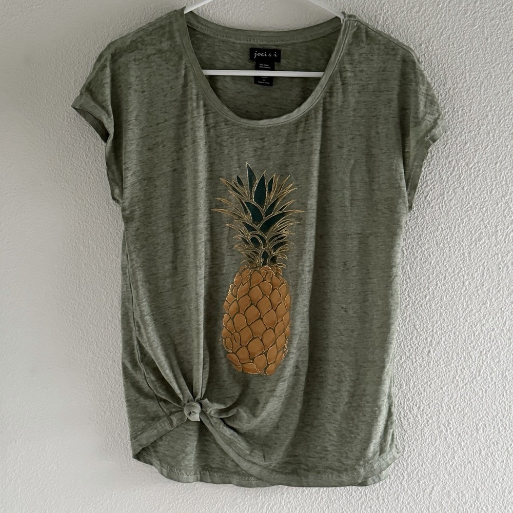 JOEI & I Womens Green Pineapple Graphic Capped Short Sleeve Shirt M‎ Boho